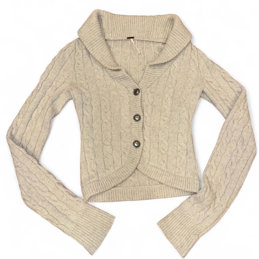 Free People Cable Knit Lambswool Blend Cardigan Sweater S Preppy Cabin Beige